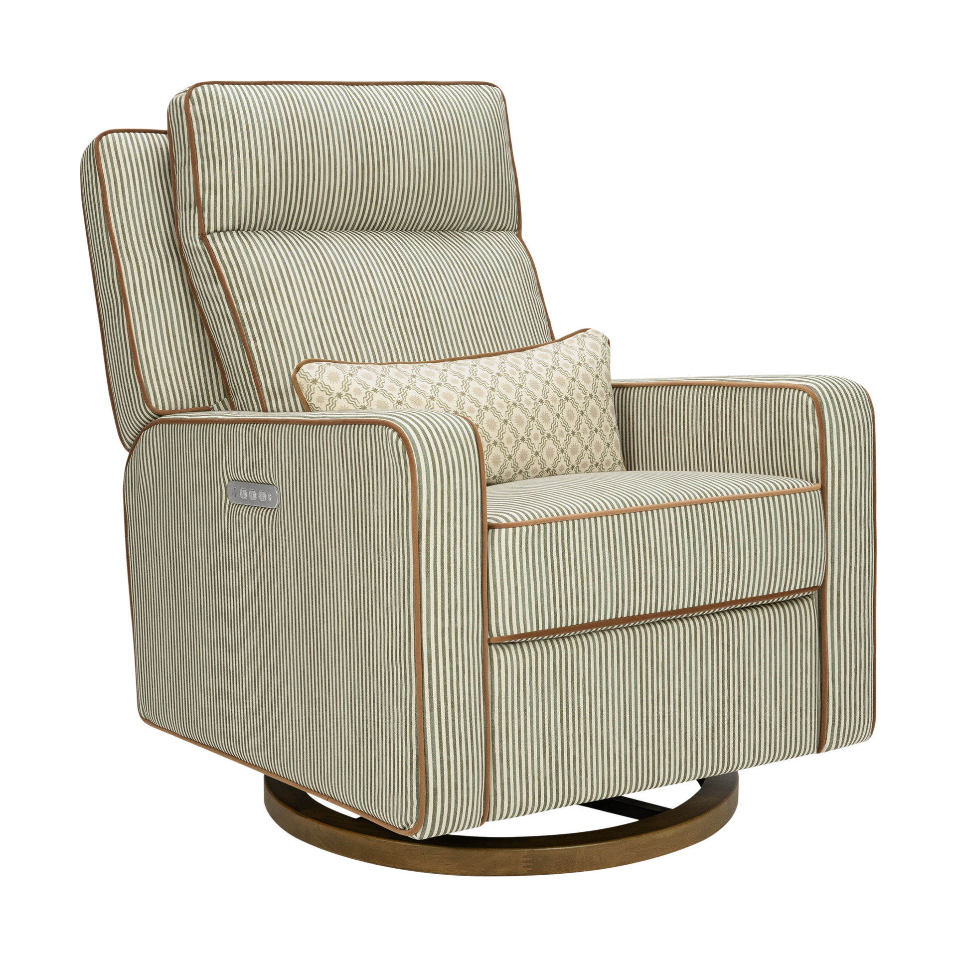 babyletto Sigi Pro Power Recliner and Swivel Glider by Nate Berkus - Performance Olive Stripe Eco-Crossweave With Toffee Base.