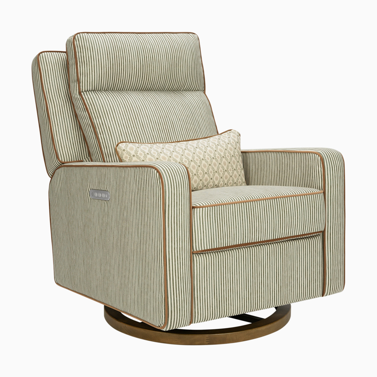 babyletto Sigi Pro Power Recliner and Swivel Glider by Nate Berkus - Performance Olive Stripe Eco-Crossweave With Toffee Base.
