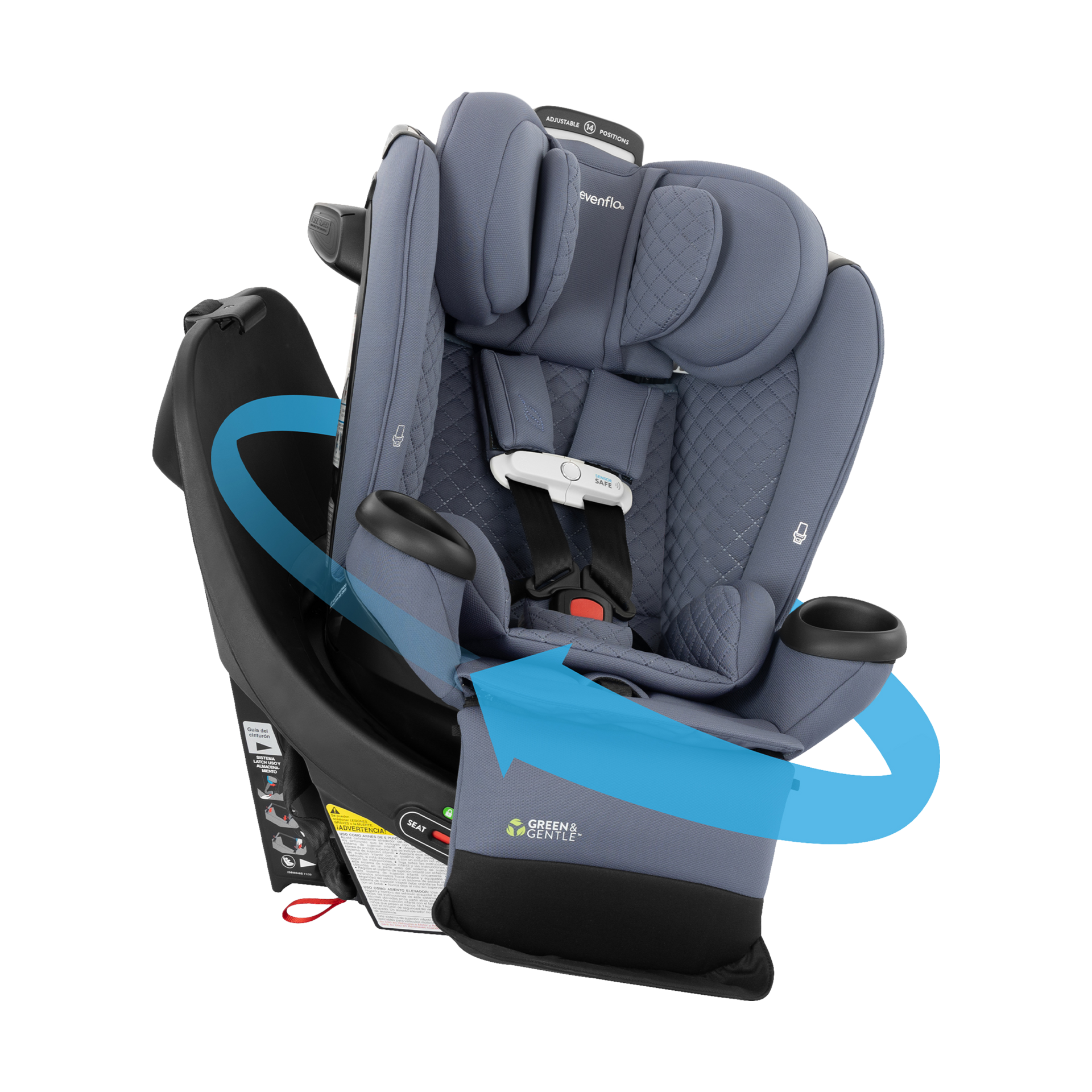 Evenflo Revolve360 Extend All-in-One Rotational Car Seat with Green & Gentle Fabric.