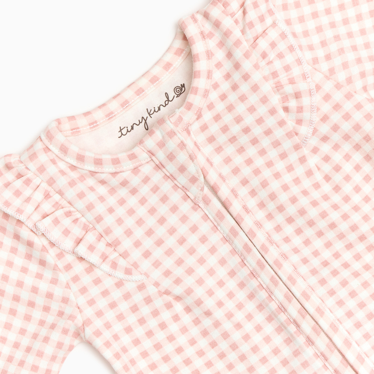 Tiny Kind Organic Ruffle Cotton Printed 2-Way Zip Footie - Pink Gingham, 0-3 M.