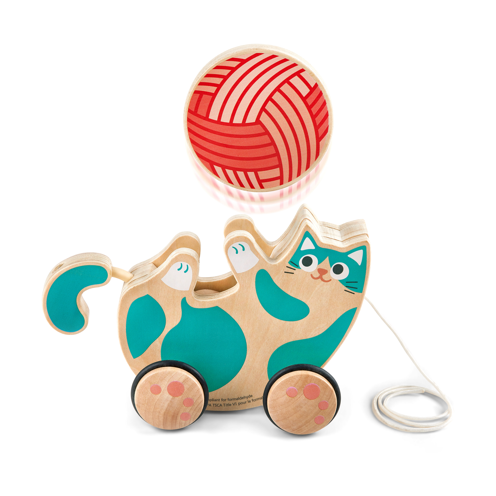 Hape Wooden Walk-A-Long Kitten Pull Toy| Roll & Rattle Push Pull Toy for Toddler| Montessori Toys for Walking Toddlers, Green