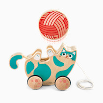 Hape Wooden Walk-A-Long Kitten Pull Toy| Roll & Rattle Push Pull Toy for Toddler| Montessori Toys for Walking Toddlers, Green