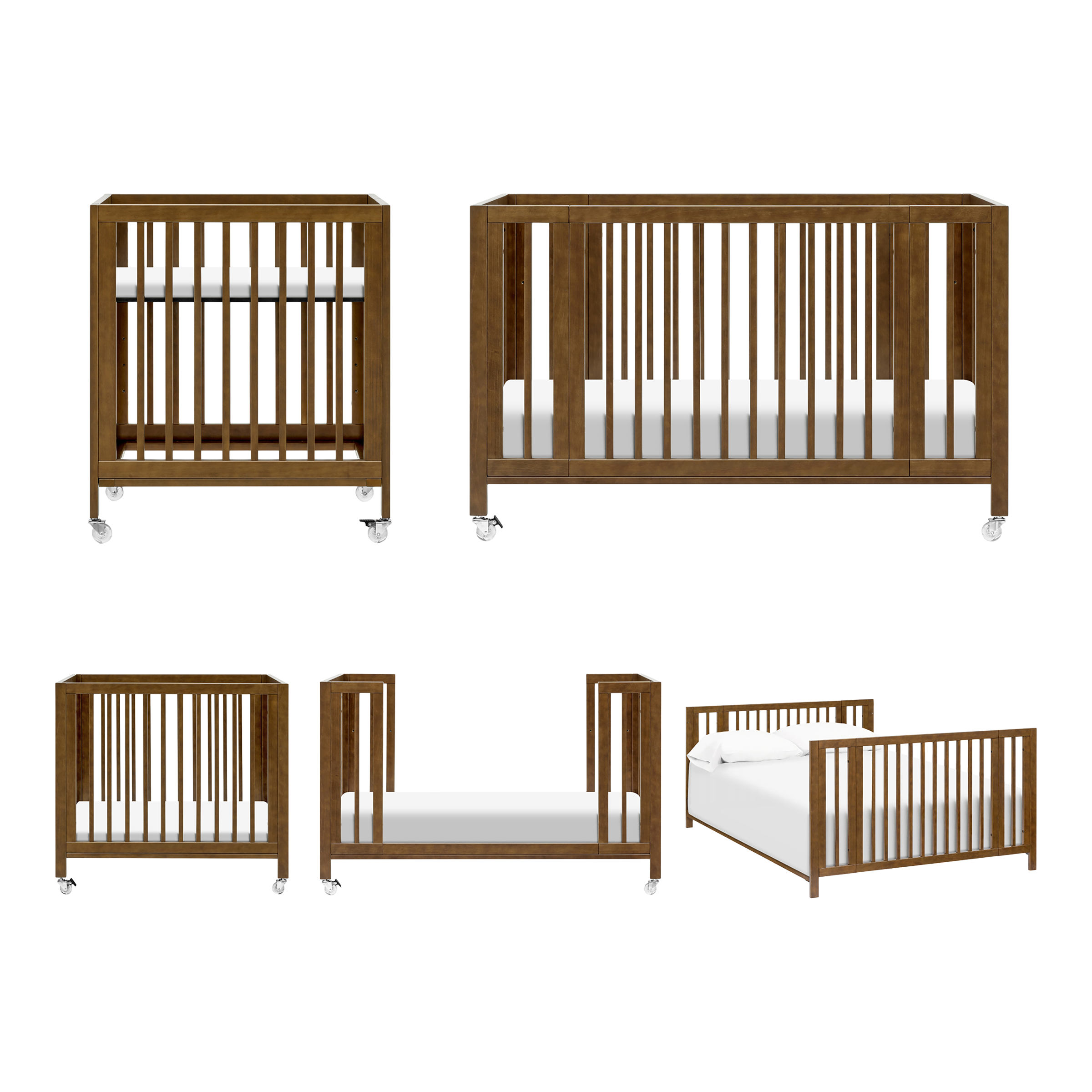 babyletto Rolli 9-in-1 Convertible All-Stages Crib with Bassinet & Toddler Bed Conversion Kits - Natural Walnut.
