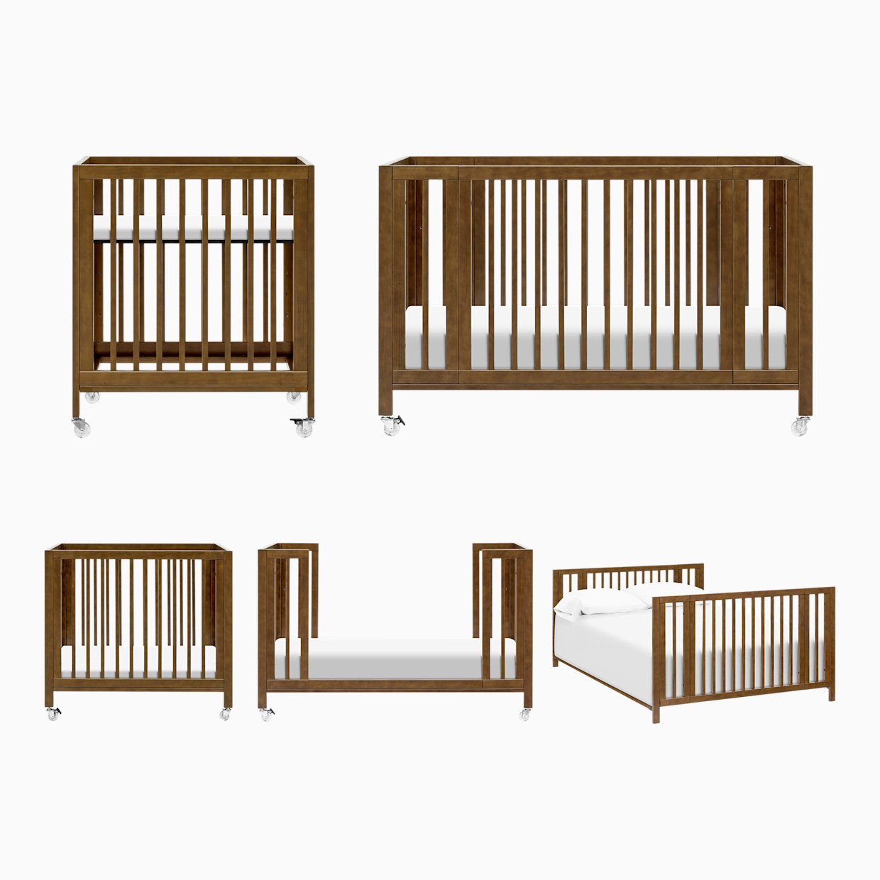 babyletto Rolli 9-in-1 Convertible All-Stages Crib with Bassinet & Toddler Bed Conversion Kits - Natural Walnut.