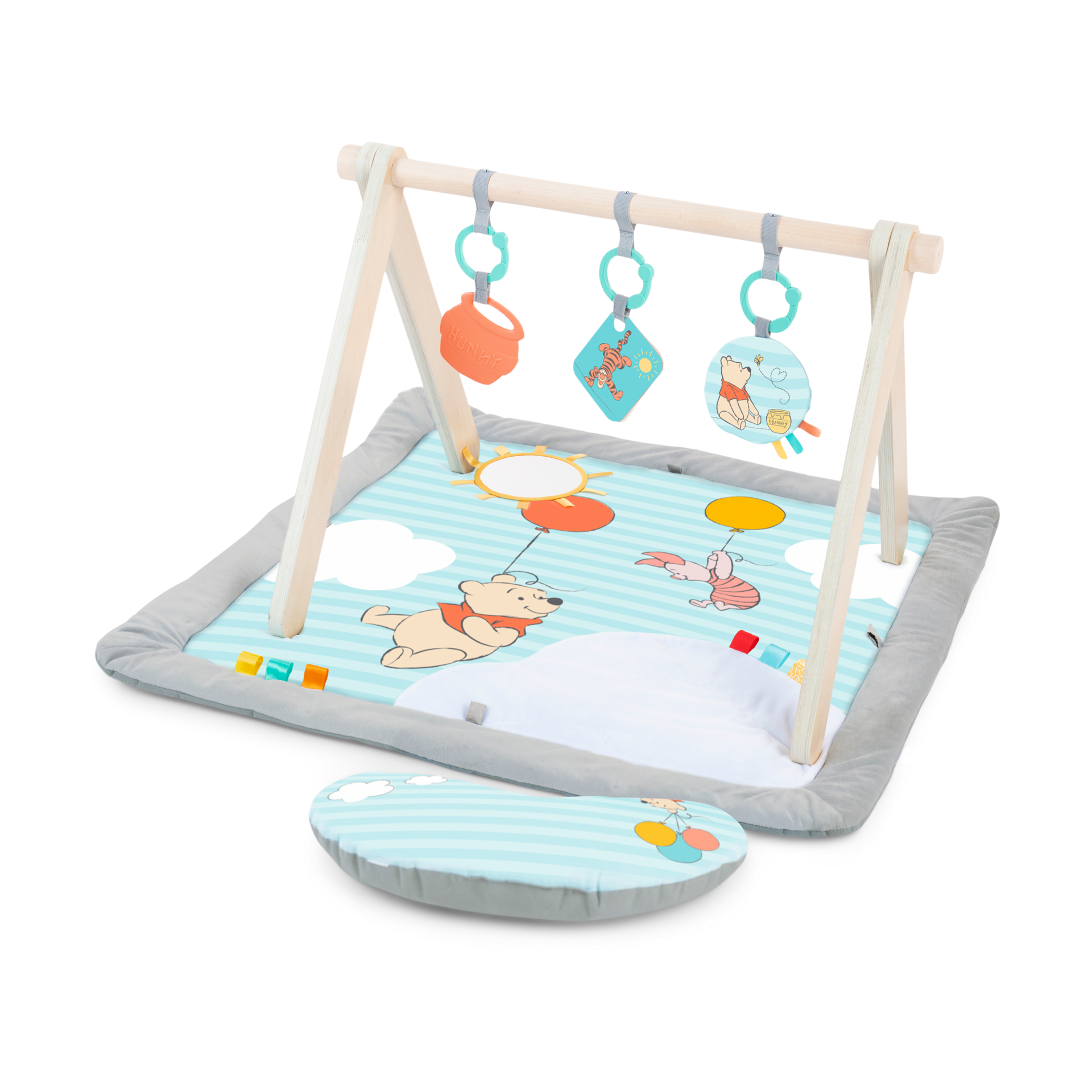 Bright Starts Disney Winnie The Pooh Once Upon a Tummy Time Baby Play Mat with Wooden Toy Bar, Tummy Time Mat and Play Gym, Sensory Toys, Blue, Newborn