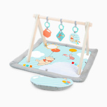 Bright Starts Disney Winnie The Pooh Once Upon a Tummy Time Baby Play Mat with Wooden Toy Bar, Tummy Time Mat and Play Gym, Sensory Toys, Blue, Newborn