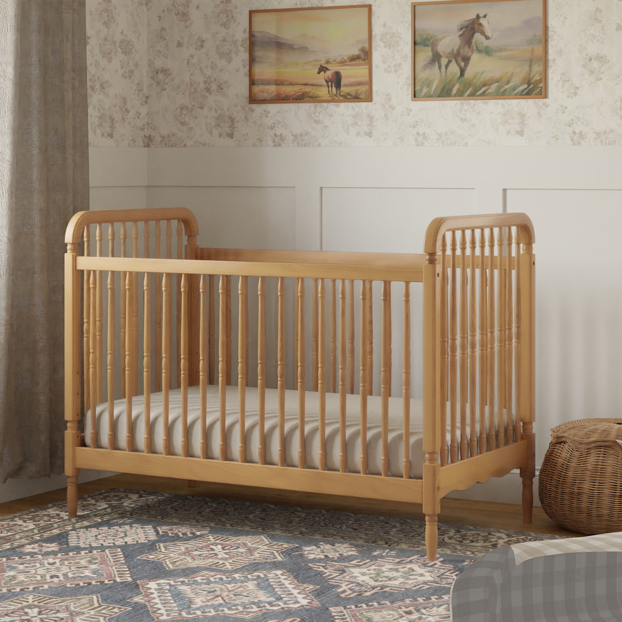 Namesake Liberty 3-in-1 Convertible Spindle Crib with Toddler Bed Conversion Kit - Honey.