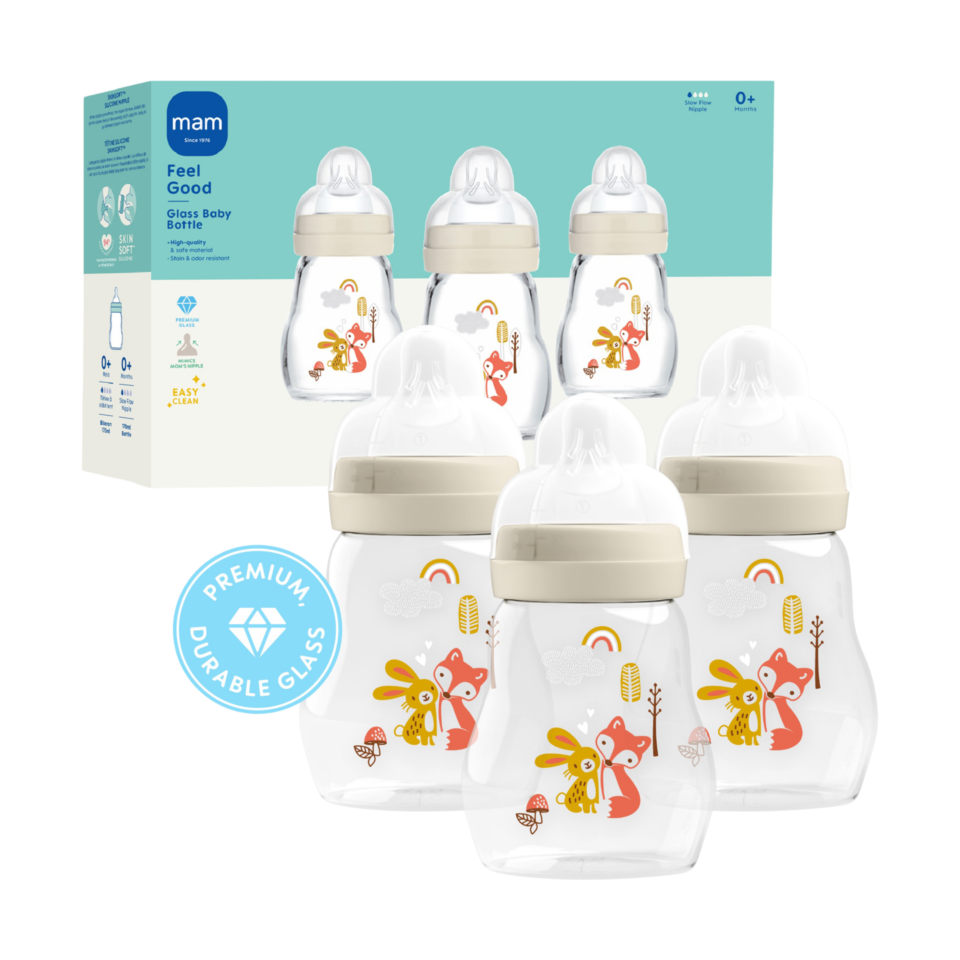 MAM Premium Glass Baby Bottles, Easy Switch Between Breast and Bottle, Feel Good Slow Flow, Newborn Essentials Must Have, 0+ Months, BPA Free, 6oz, Unisex, 3 Pack