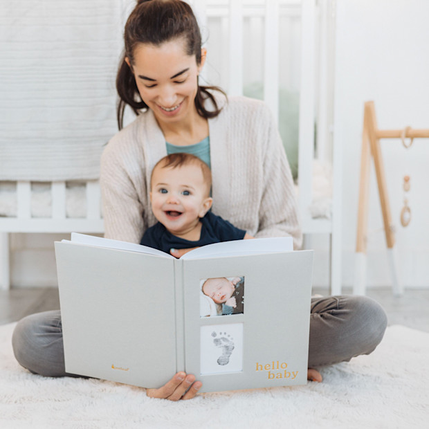 Pearhead Hello Baby Gray Linen Baby Book.