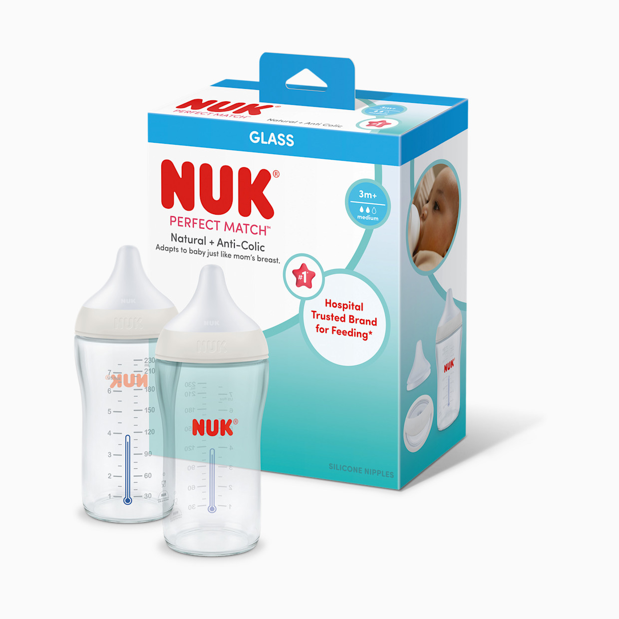 NUK Perfect Match Glass Bottle (2 Pack) - 8 Oz, 2.