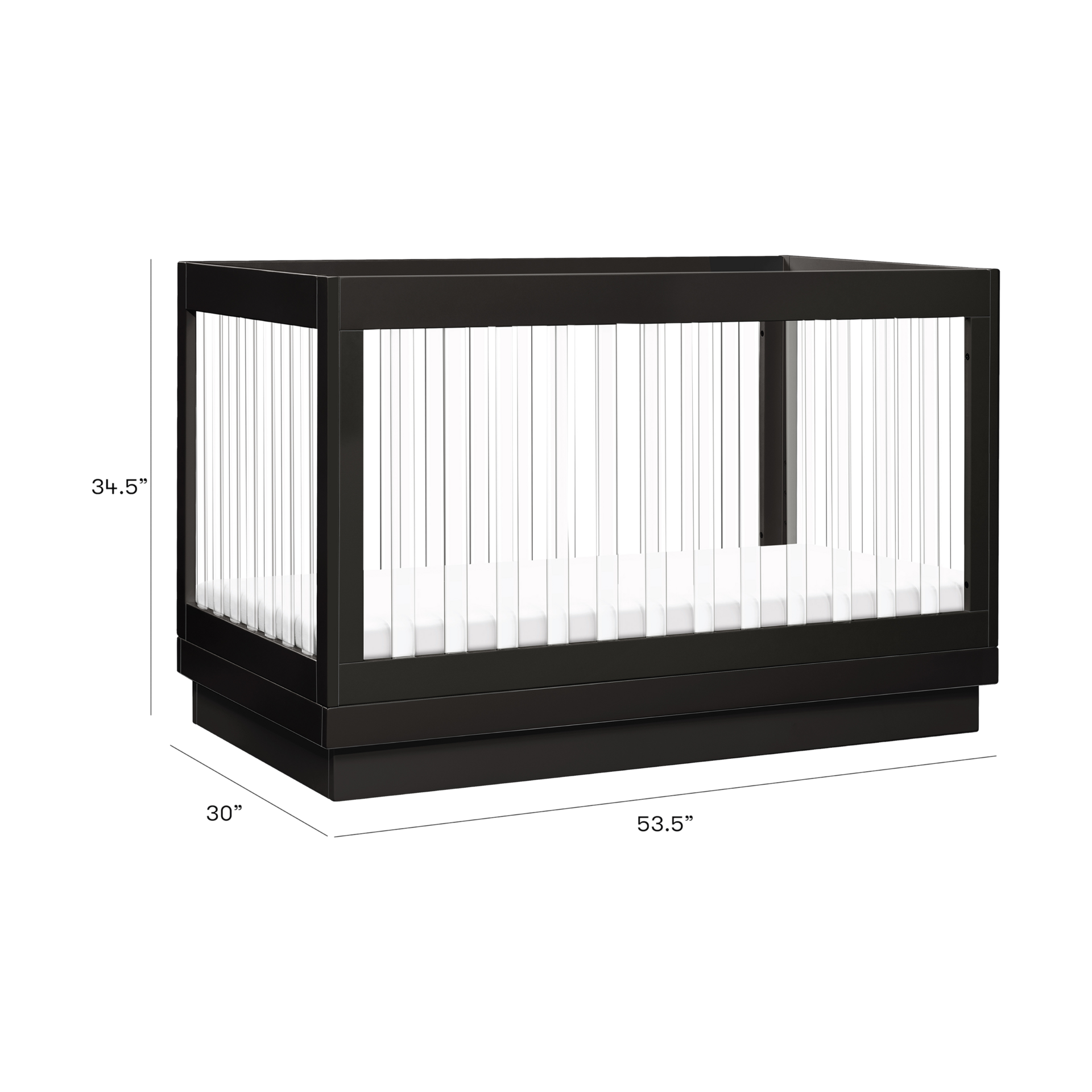 babyletto Harlow Acrylic 3-in-1 Convertible Crib with Toddler Bed Conversion Kit - Black With Black Base And Acrylic Slats.