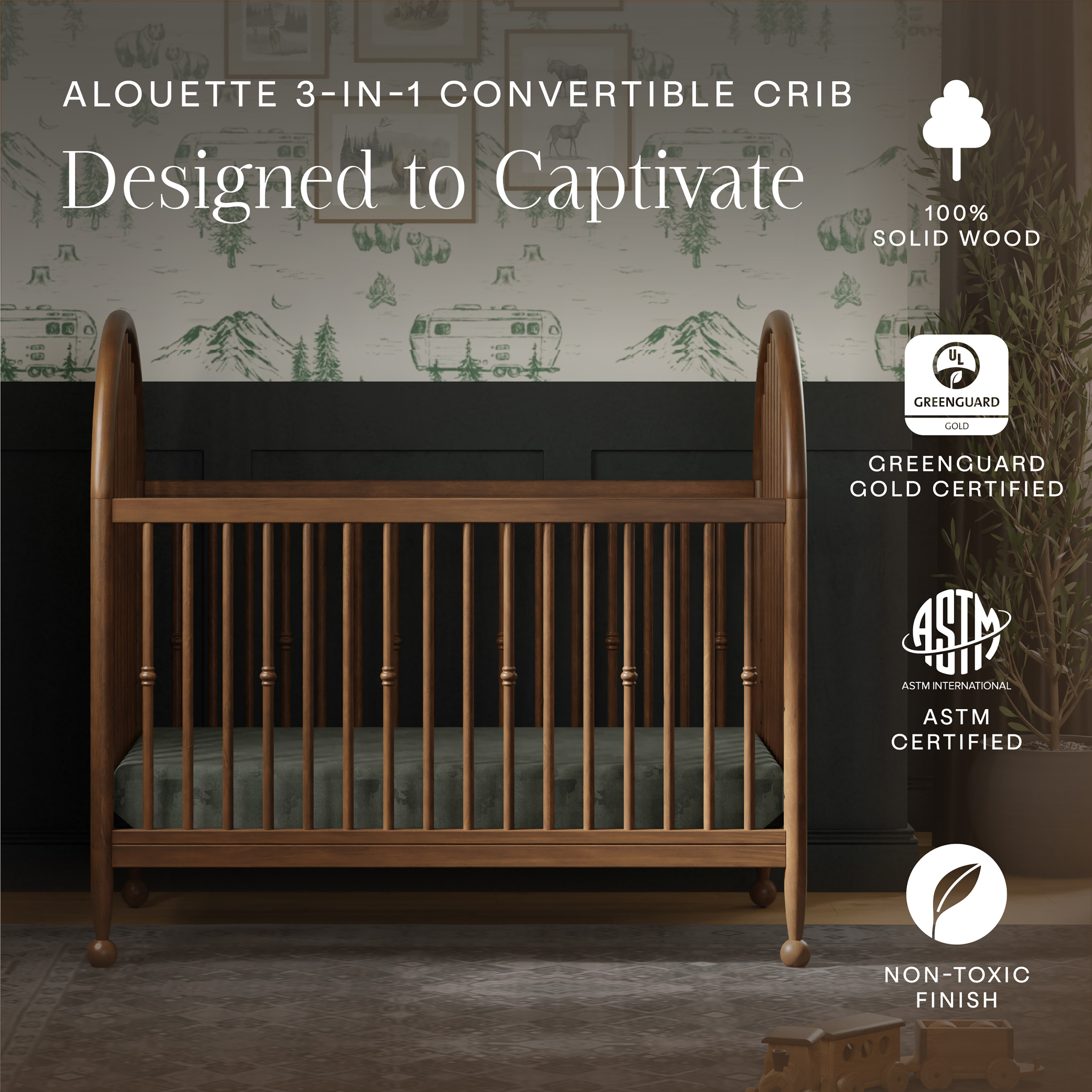 Namesake Alouette 3-in-1 Convertible Spindle Crib - Natural Walnut.