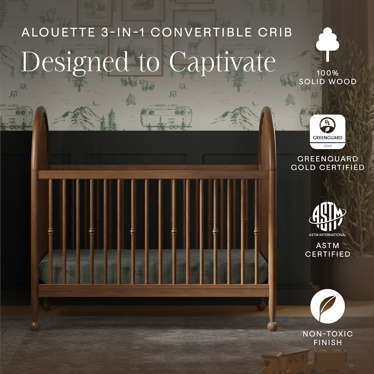 Namesake Alouette 3-in-1 Convertible Spindle Crib - Natural Walnut.