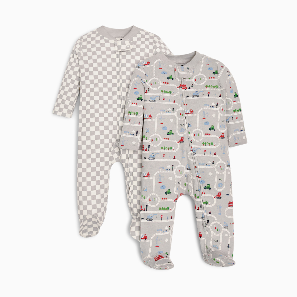 Small Story Organic Cotton 2-Way Zip Footie (2 Pack) - Construction & Check, 3-6 M.