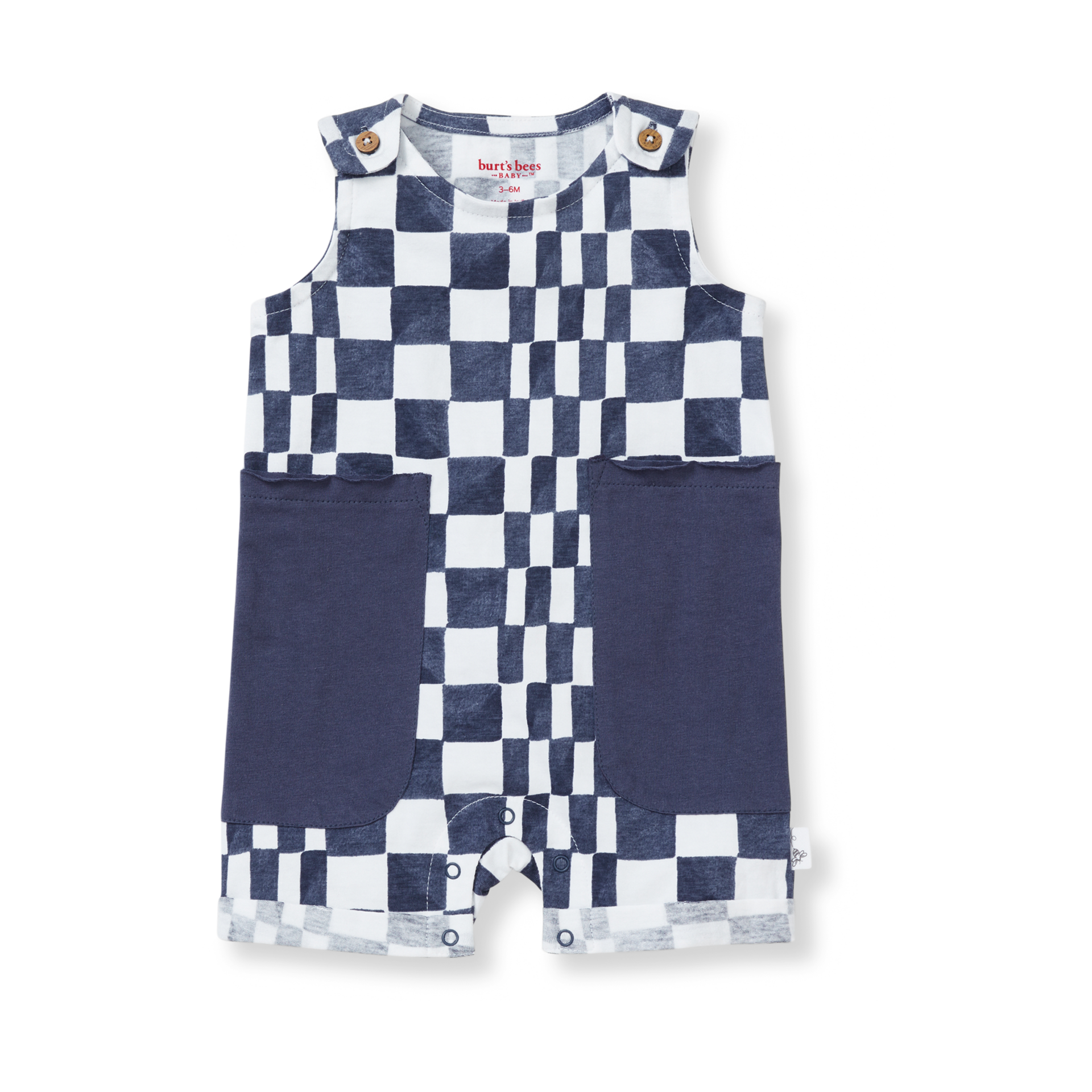 Burt's Bees Baby Check Romper Organic Cotton Shortall Blue, 36
