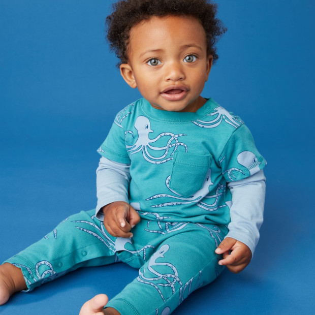 Tea Collection Layered Sleeve Baby Romper - Octopus On The Go In Green, 0-3 M.
