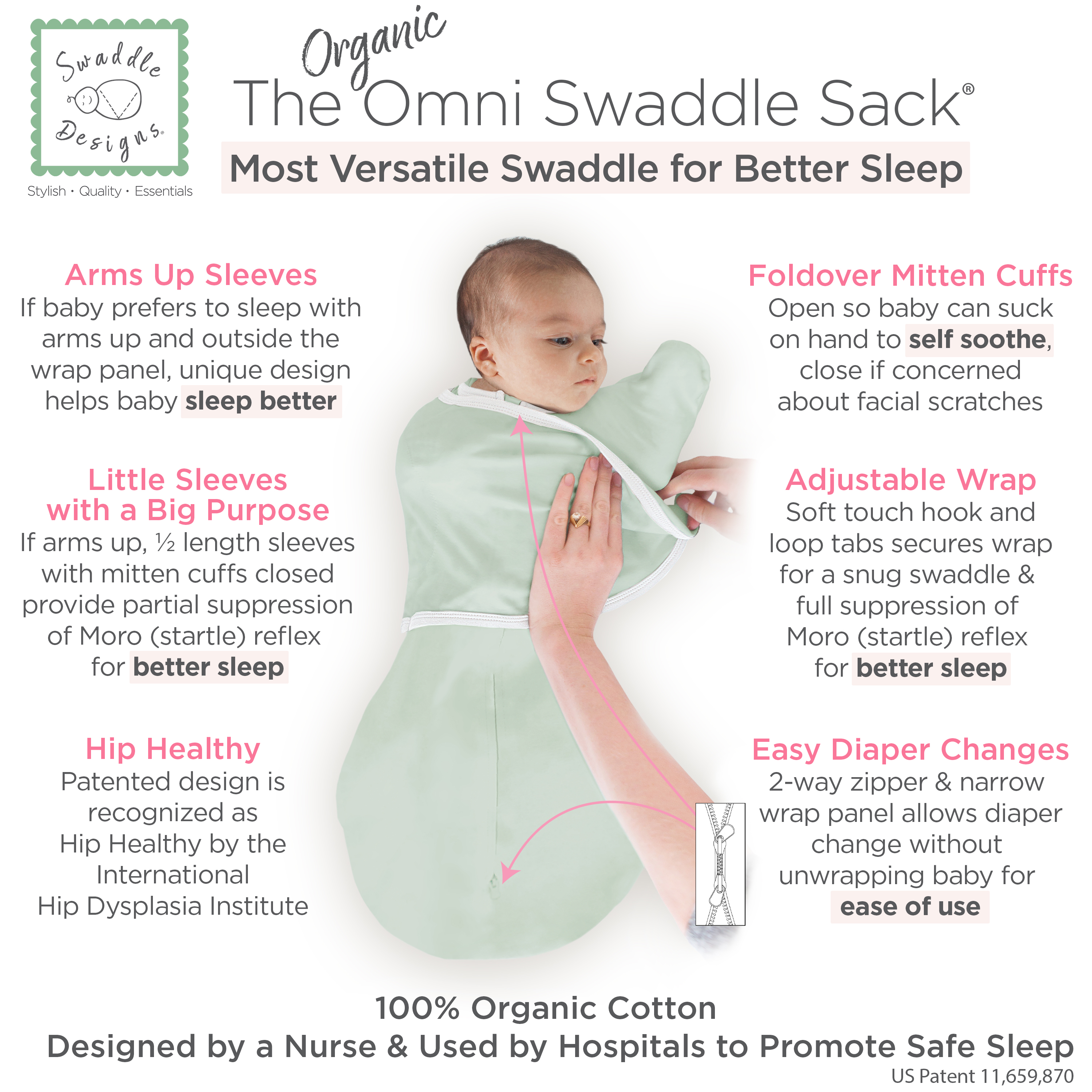SwaddleDesigns Organic Omni Swaddle Sack with Arms Up Half-Length Sleeves and Mitten Cuffs TOG 1.0 - Soft Jadeite, 0-3 M.