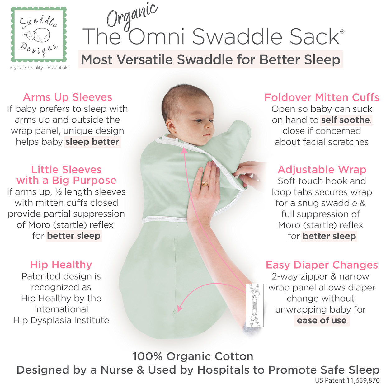 SwaddleDesigns Organic Omni Swaddle Sack with Arms Up Half-Length Sleeves and Mitten Cuffs TOG 1.0 - Soft Jadeite, 0-3 M.