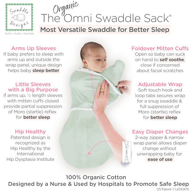 SwaddleDesigns Organic Omni Swaddle Sack with Arms Up Half-Length Sleeves and Mitten Cuffs TOG 1.0.