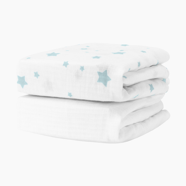 Newton Baby 2-Pack Organic Cotton Breathable Mini Crib Sheets - Stardust In Moonstone Mist + Solid White.