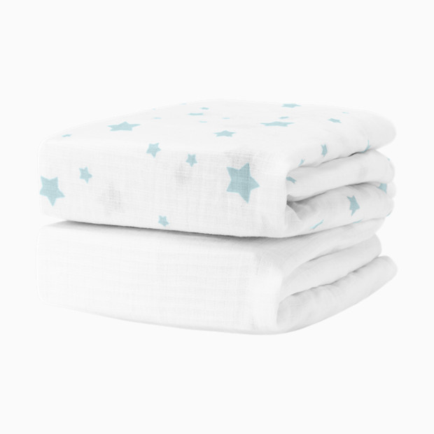 Newton Baby 2-Pack Organic Cotton Breathable Crib Sheets - Stardust In Moonstone Mist + Solid White.