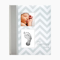 Pearhead First 5 Years Chevron Baby Memory Book, Clean-Touch Safe Ink Pad for Baby’s Handprint or Footprint, Gender Neutral Milestone And Pregnancy Gray