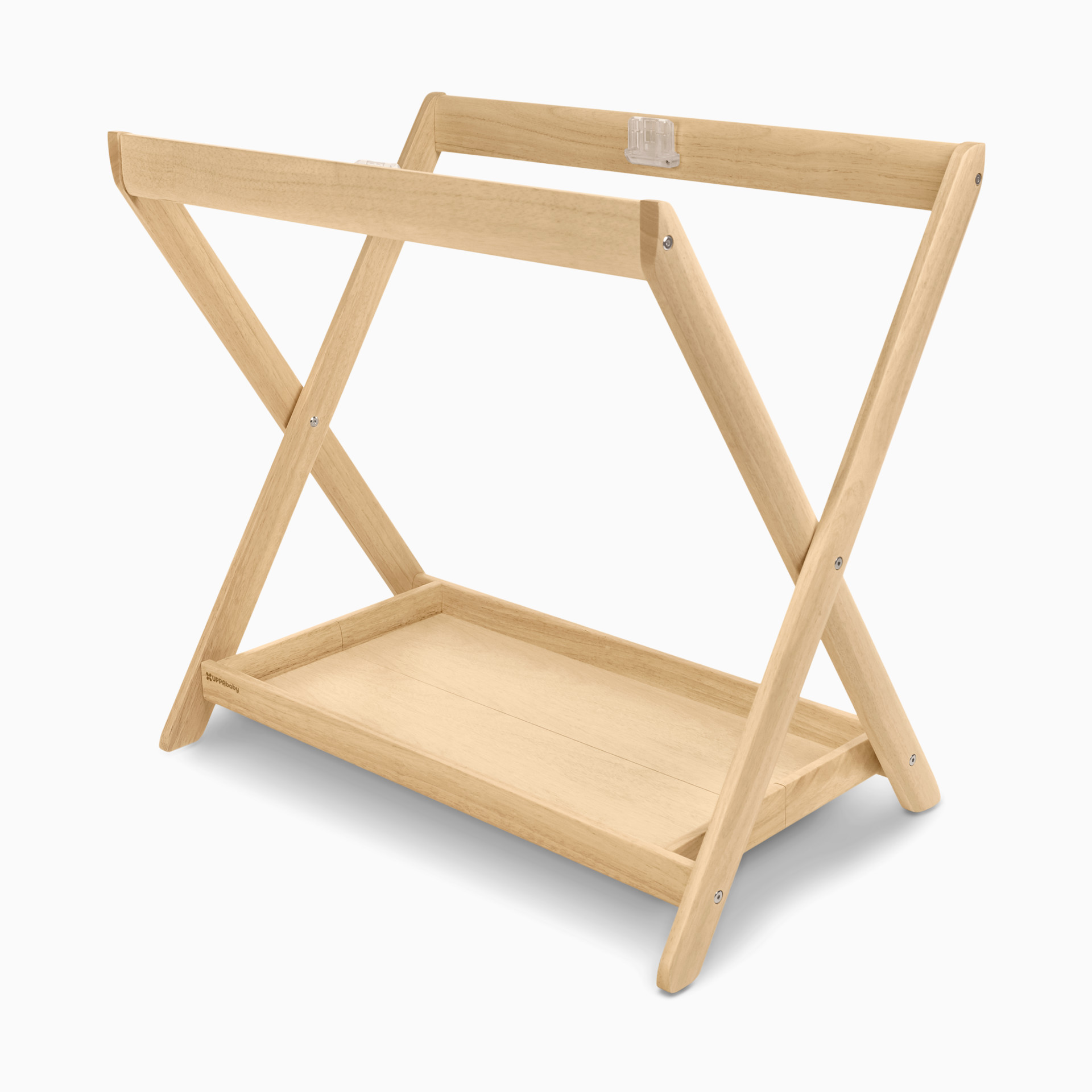 Light wood tone bassinet stand with X-frame design on a white background.