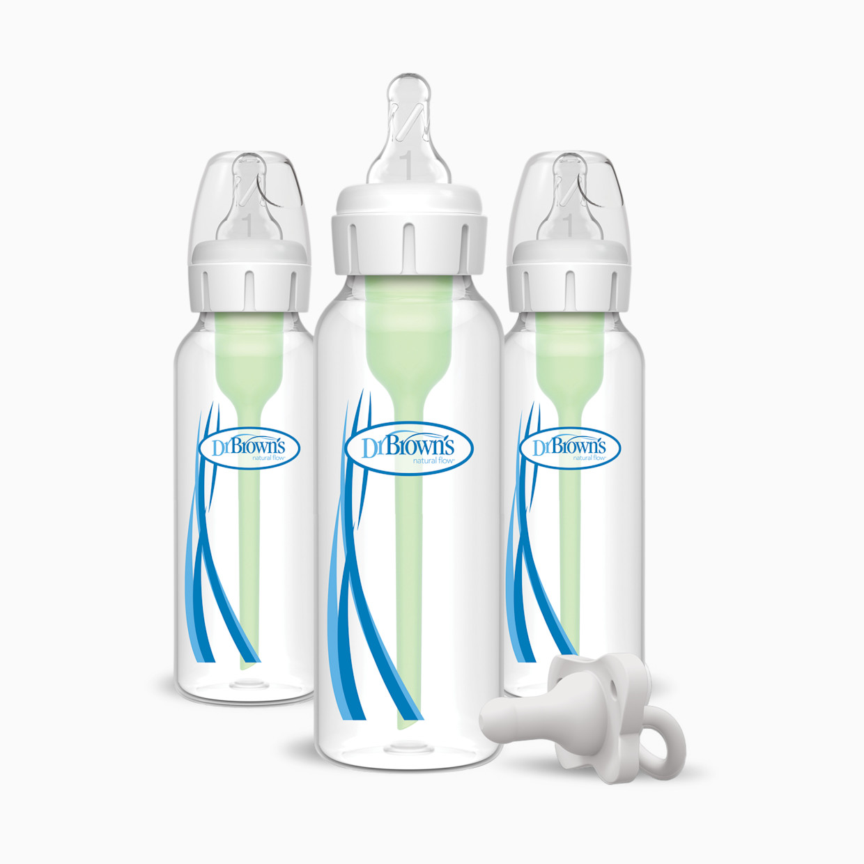 Dr. Brown's Options+ Narrow Anti-Colic Baby Bottles + Happy Paci Set (3 Pack) - Clear/White, 8 Oz, 0 -Up Months.