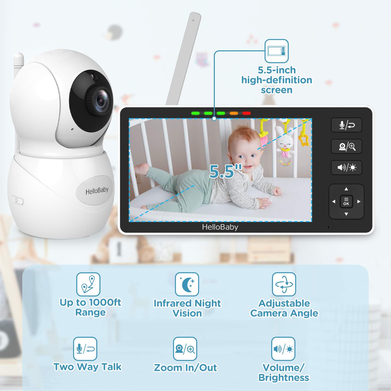 HelloBaby 5.5" 720 HD LCD Digital Wireless Video Baby Monitor.