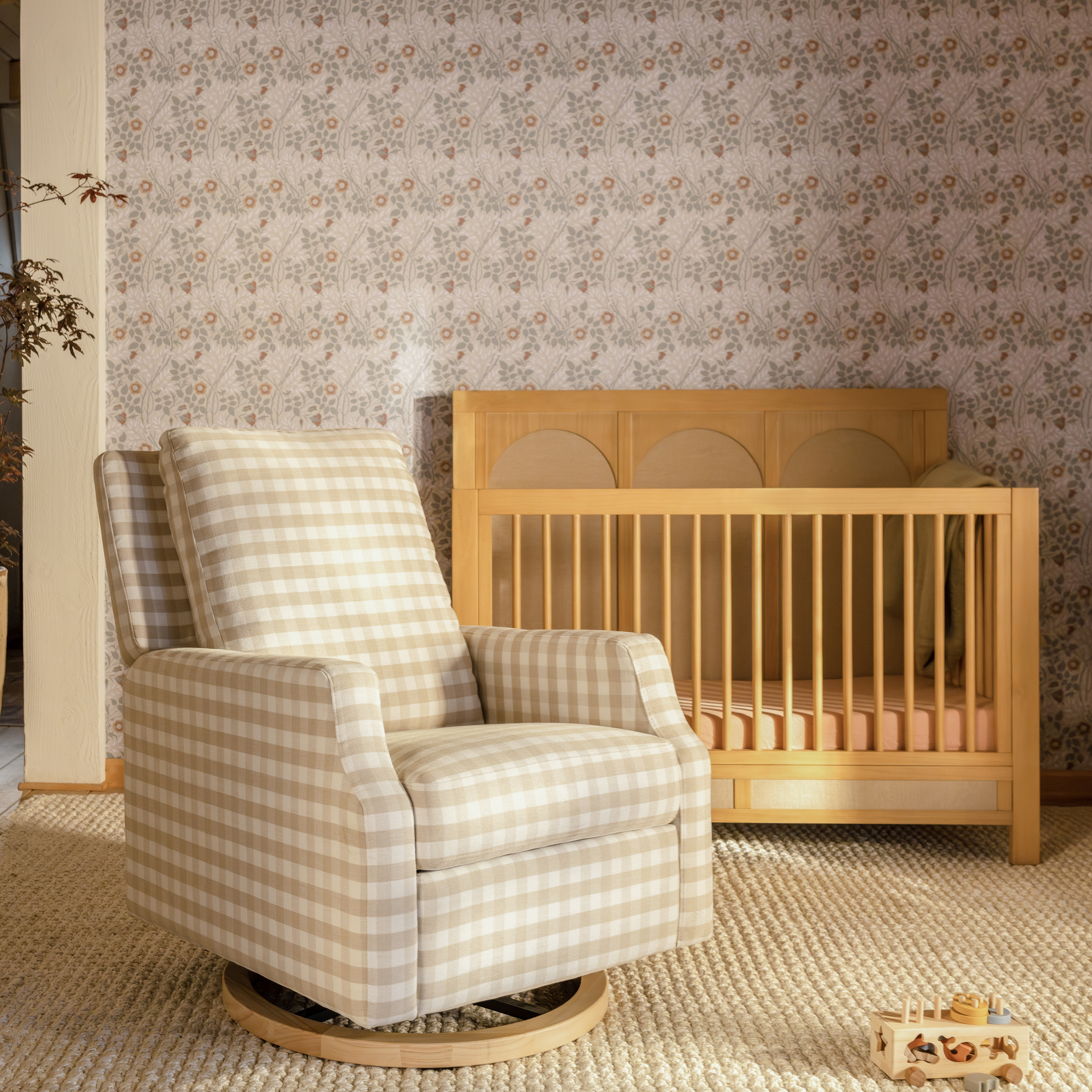Namesake Crewe Recliner and Swivel Glider - Tan Gingham With Light Wood Base.