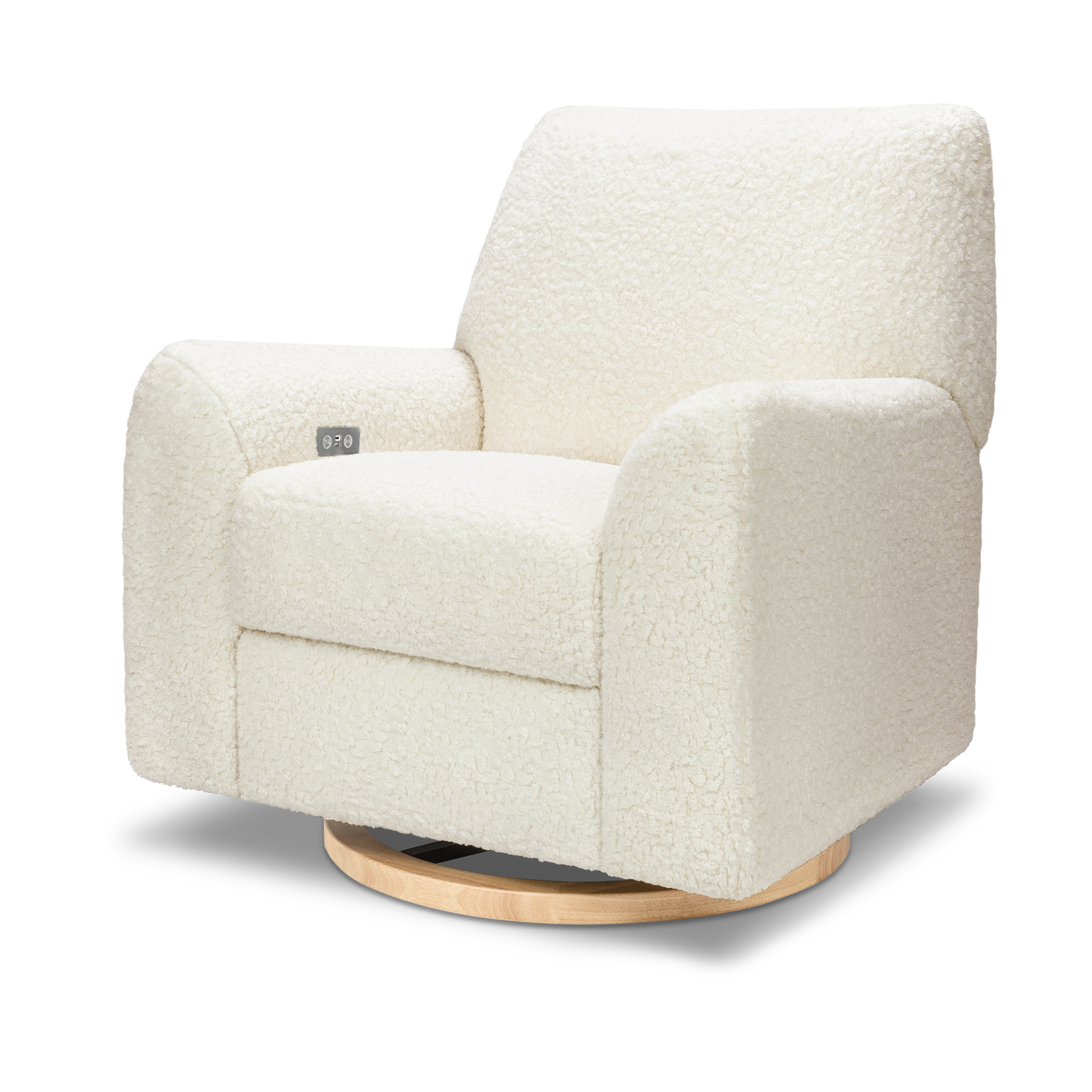 Nursery Works Sunday Power Recliner and Swivel Glider - Cream Shearling With Light Wood Base.
