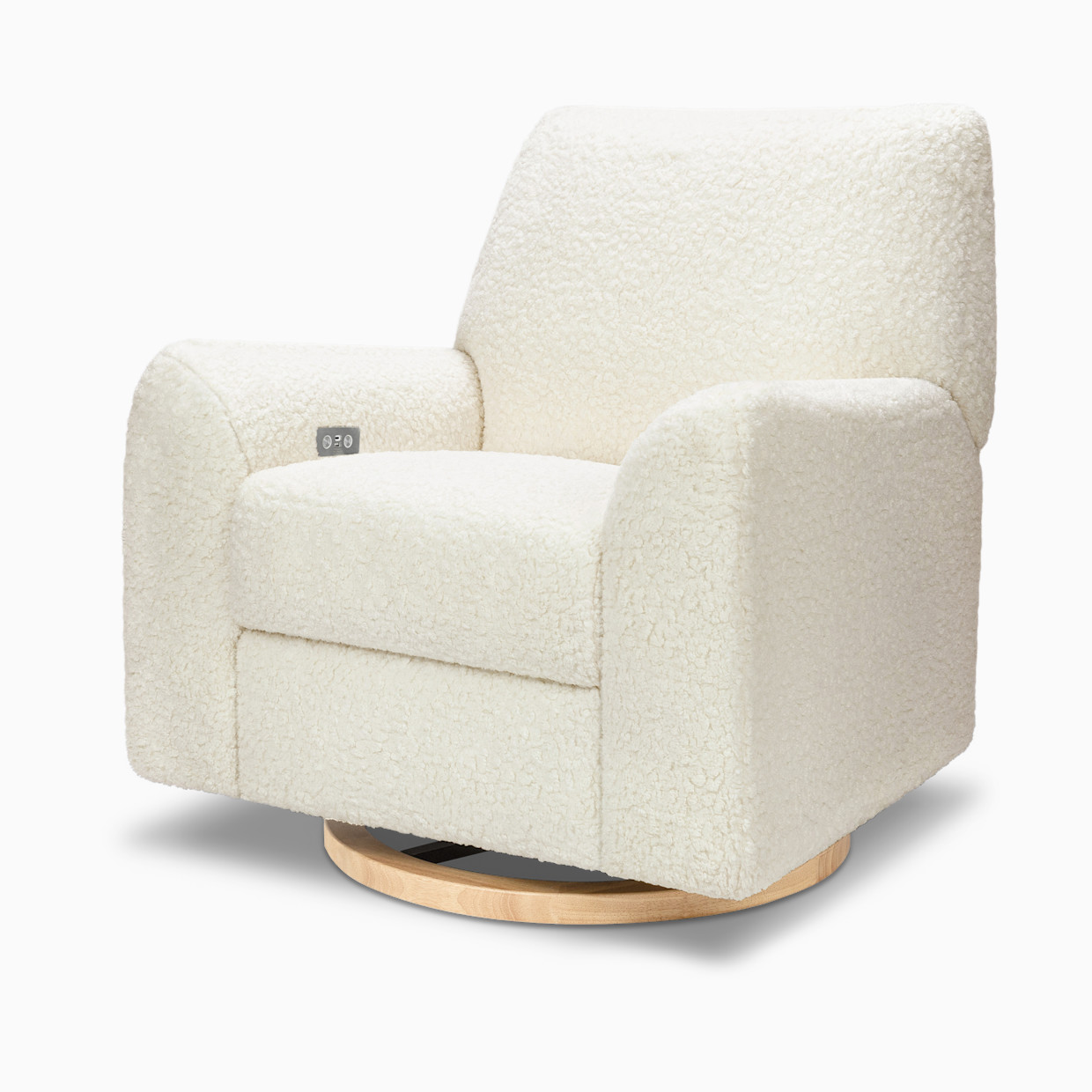 Nursery Works Sunday Power Recliner and Swivel Glider - Cream Shearling With Light Wood Base.