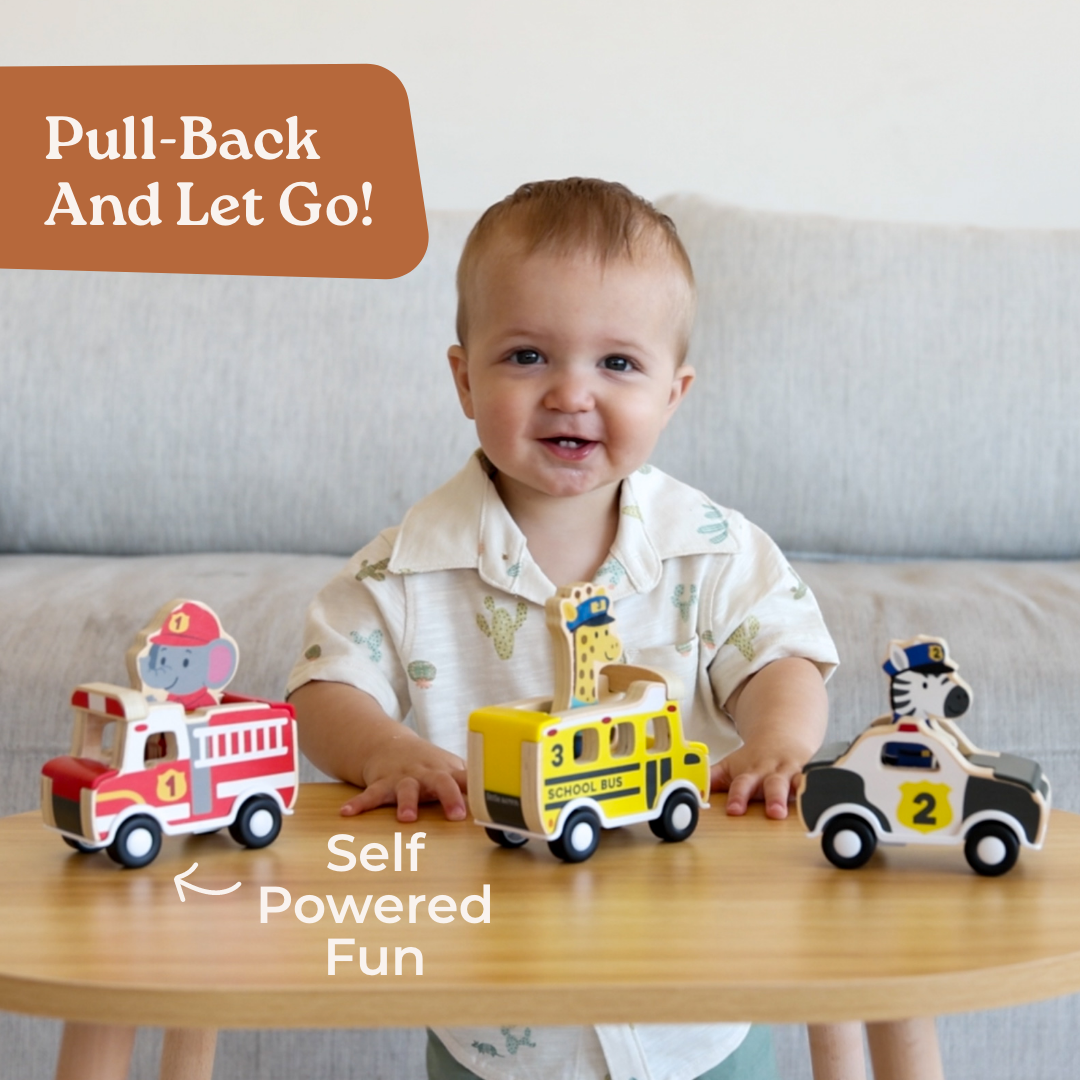 Little Acorn Wooden Pull Back Cars with Mix & Match Characters - Wood.