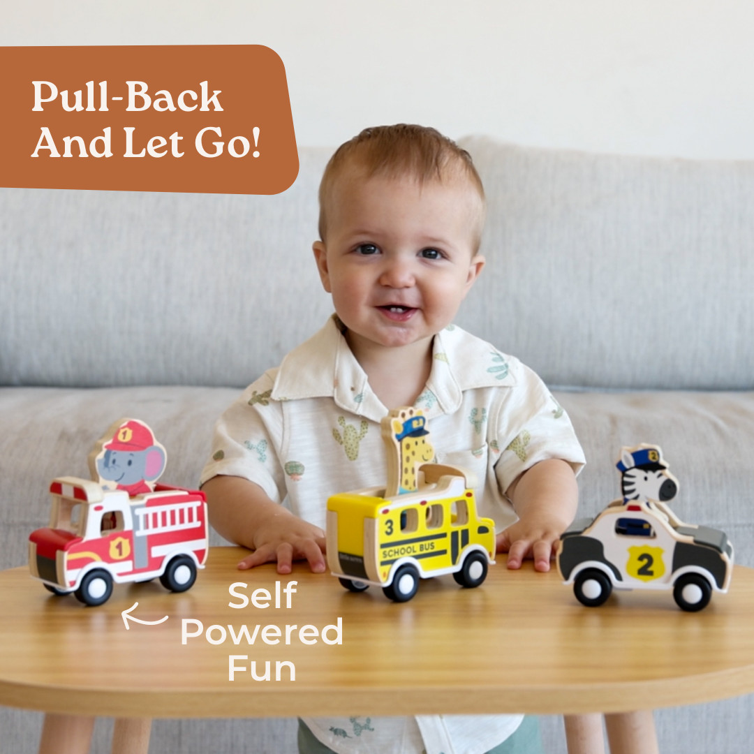 Little Acorn Wooden Pull Back Cars with Mix & Match Characters - Wood.