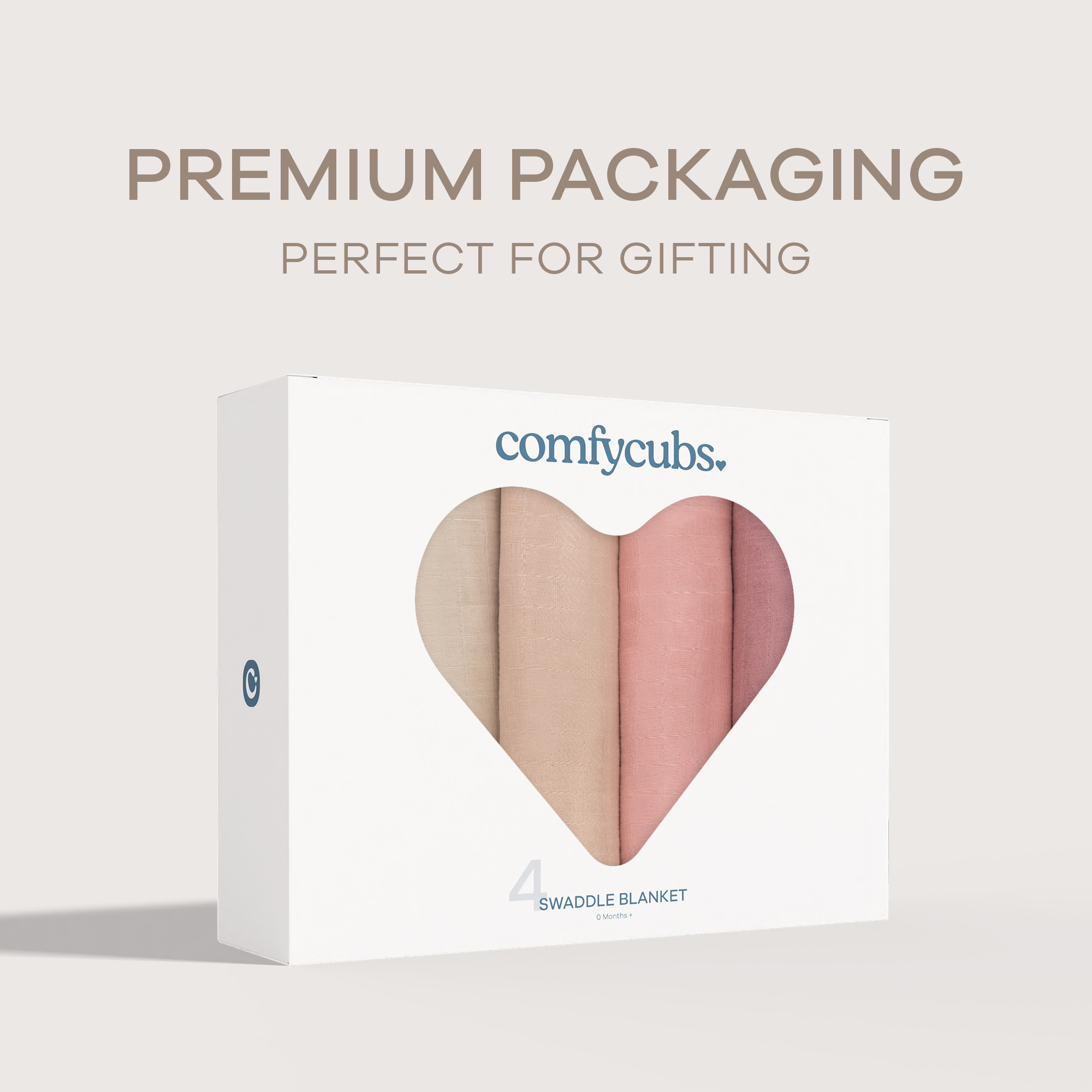 Comfy Cubs Muslin Swaddle Blankets Set (4 Pack) - Cream, Blush, Bold Blush, Mauve.