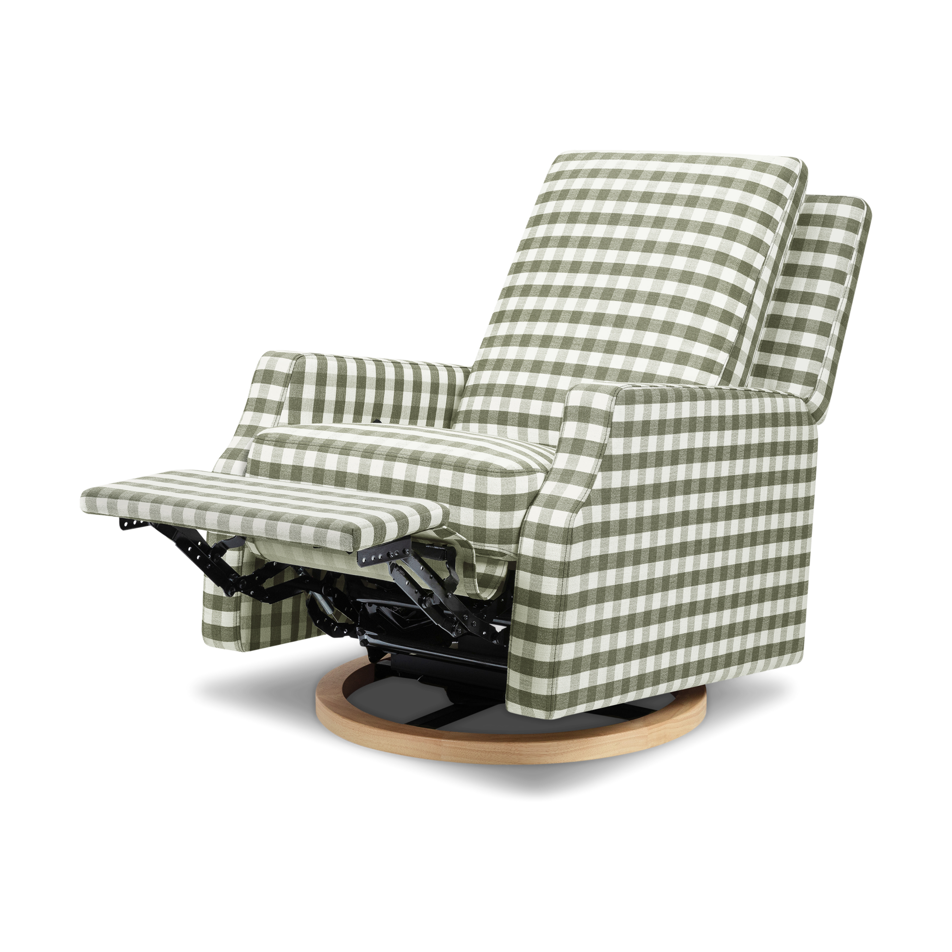 Namesake Crewe Recliner and Swivel Glider - Moss Green Gingham With Light Wood Base.