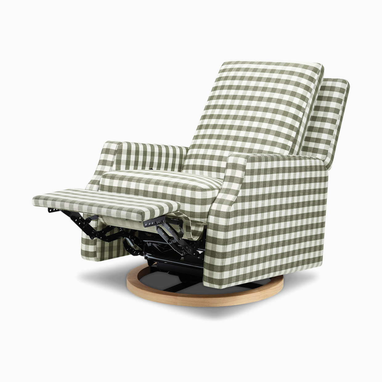 Namesake Crewe Recliner and Swivel Glider - Moss Green Gingham With Light Wood Base.