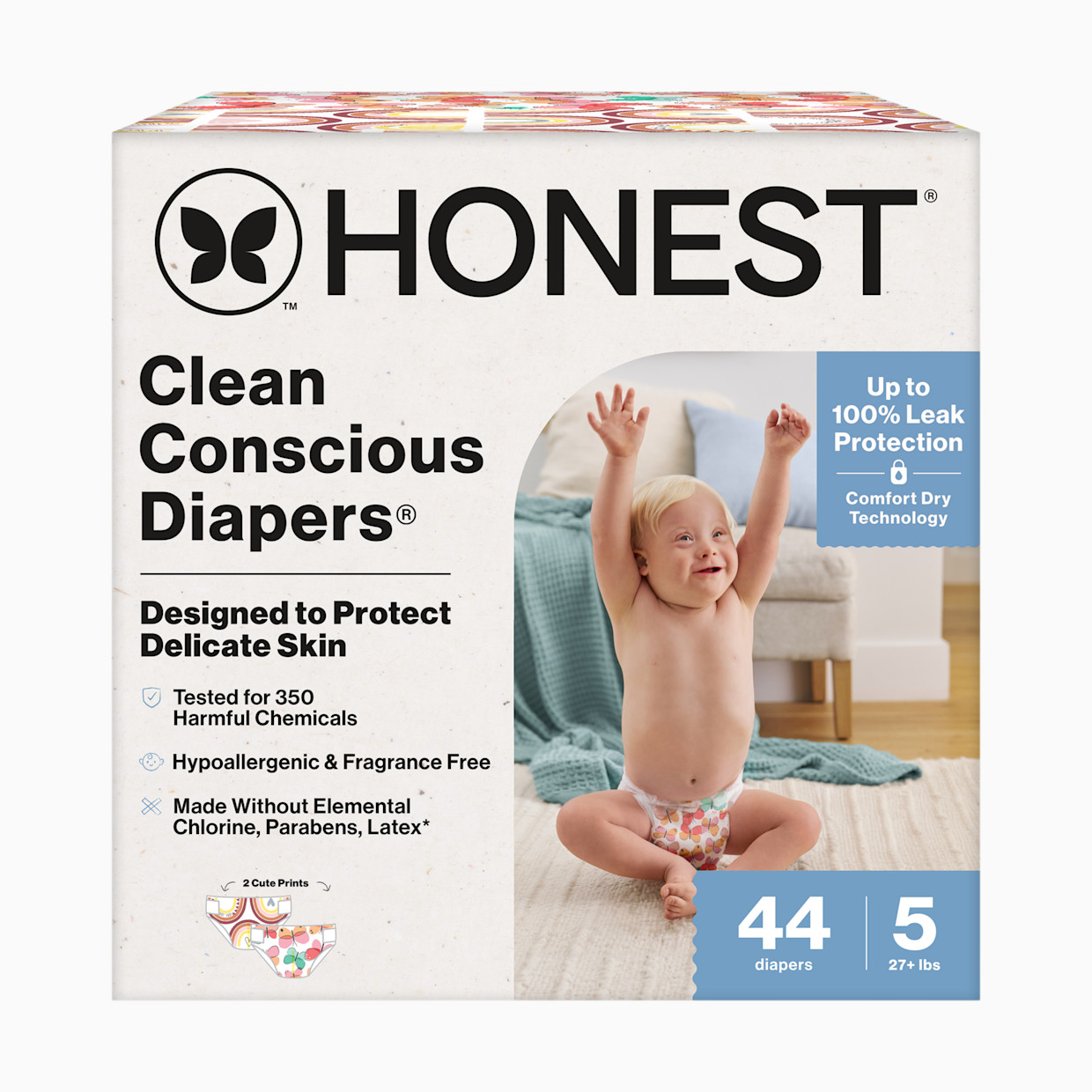 The Honest Company Clean Conscious Disposable Diapers Size 3-5 - Wingin It + Catching Rainbows, Size 5, 44 Count.