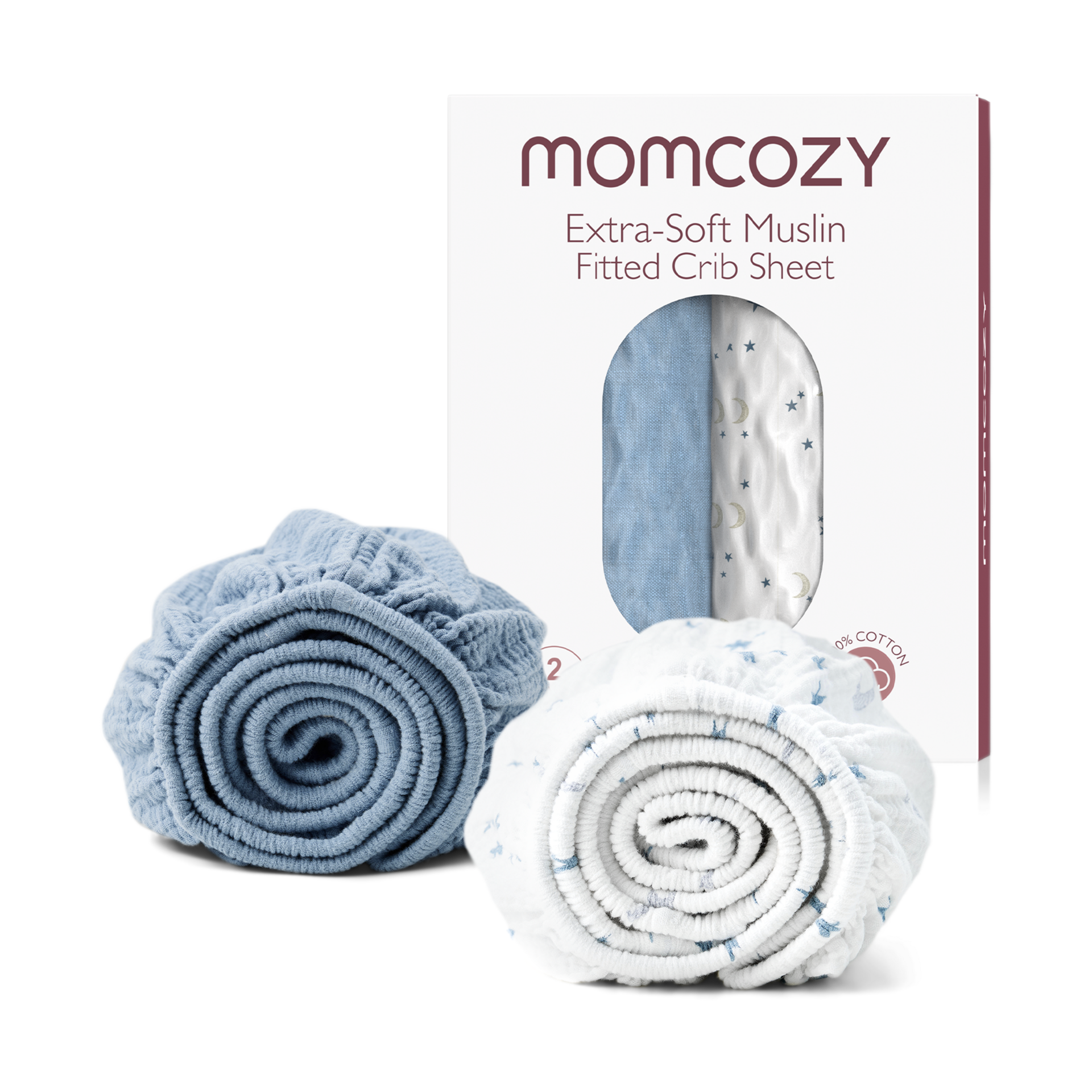Momcozy Muslin Standard Fitted Crib Sheets, 52"x28", 2 Pack Soft Breathable Natural Cotton Baby Mattress Sheet, 360° Mattress Wrapping No Slip Boys Girls Neutral Toddler Bed Sheet, Blue Star Moon