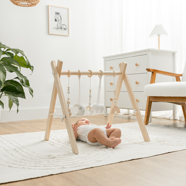 Comfy Cubs Wooden Baby Play Gym with 5 Sensory Hanging Toys.