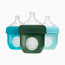 Boon Nursh Reusable Silicone Pouch Baby Bottles - Slow Flow Nipple - Silicone Baby Bottle Pouch and Nipple - Baby Feeding Essentials - Blue - 0-3 Months - 3 Count - 4 Ounce