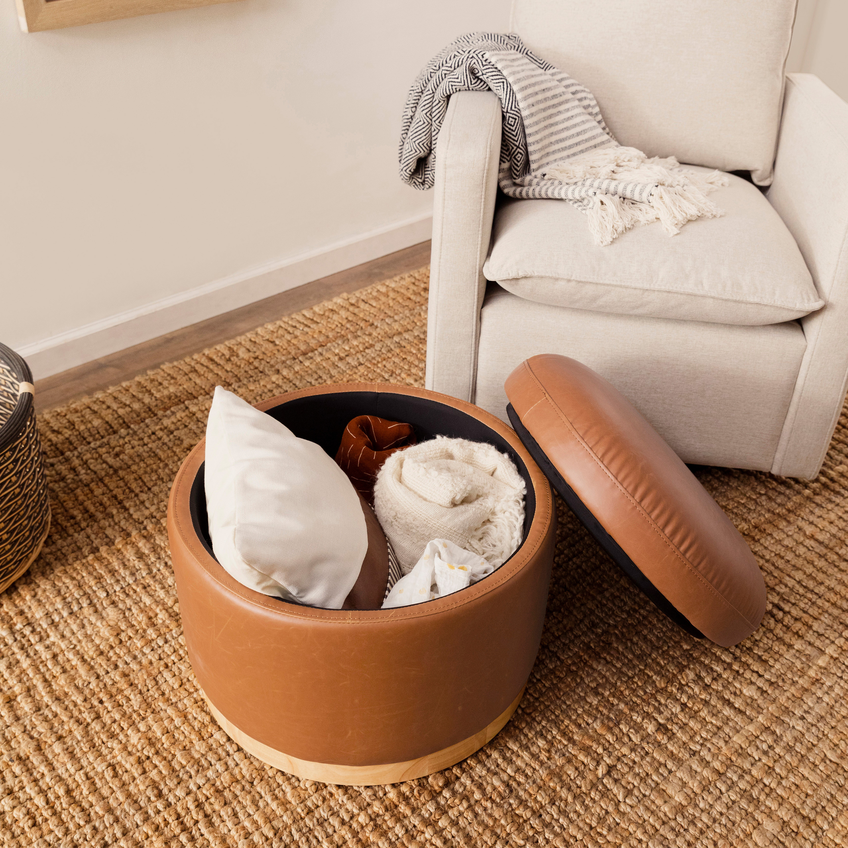 babyletto Naka Storage Ottoman - Pu Tan Leather/Light Base.