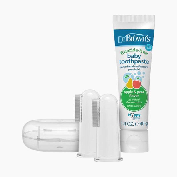 Dr. Brown's Silicone Finger Toothbrush with Case, 2-Pack - Clear/White, Apple Pear Toothpaste.