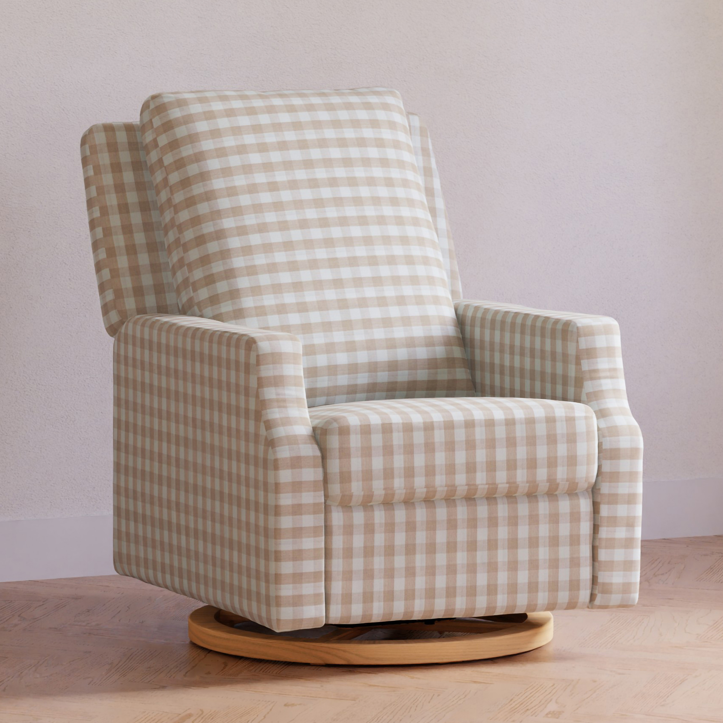 Namesake Crewe Electronic Recliner and Swivel Glider - Tan Gingham With Light Wood Base.