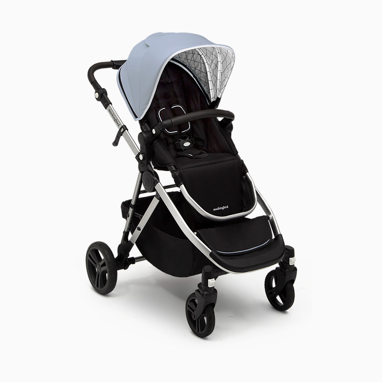 Mockingbird Single-to-Double Stroller 2.0 - Sky/Windowpane Canopy With Black Leather (2020).