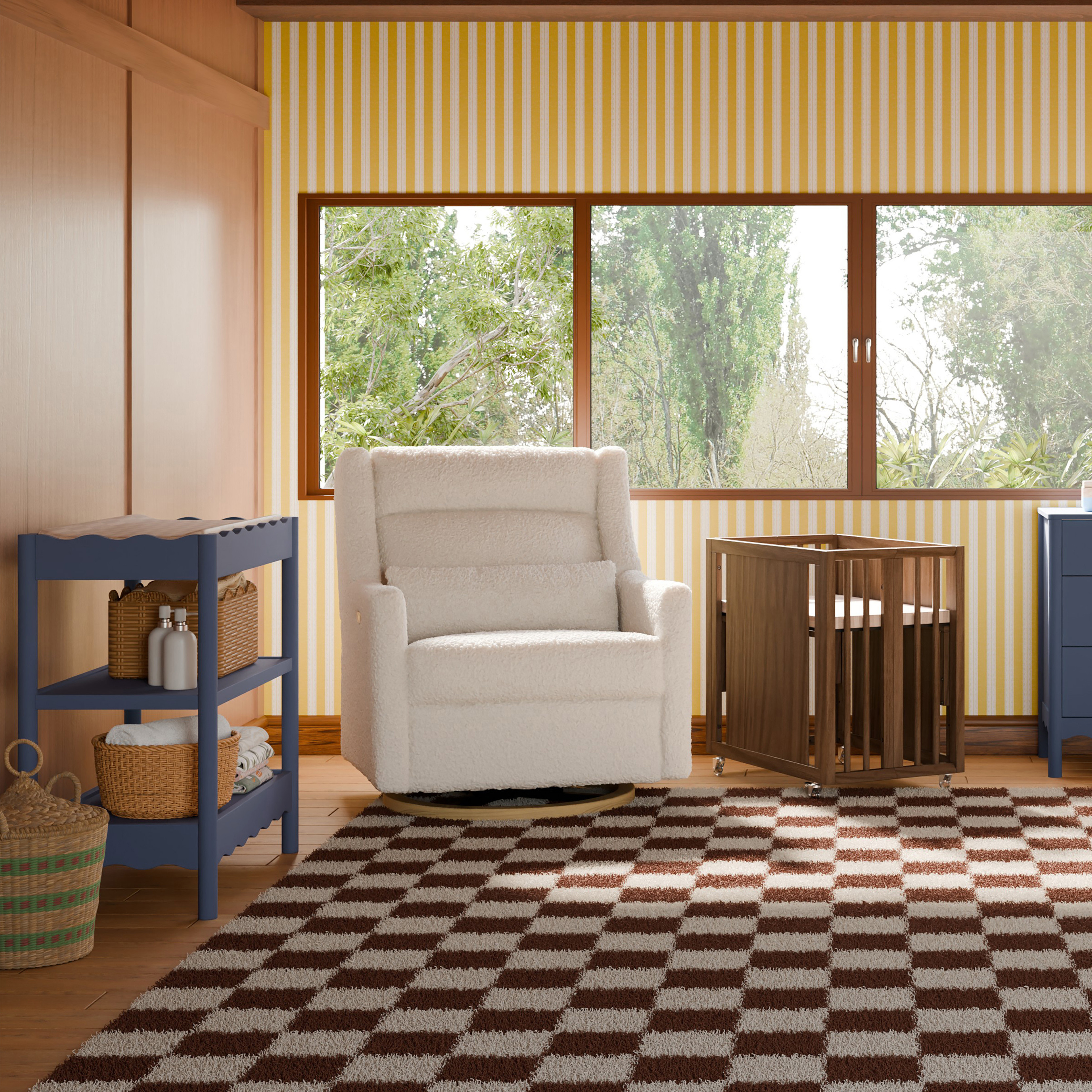 babyletto Kiwi Plus Chair and a Half Power Recliner and Swivel Glider - Almond Teddy Loop With Light Wood Base.