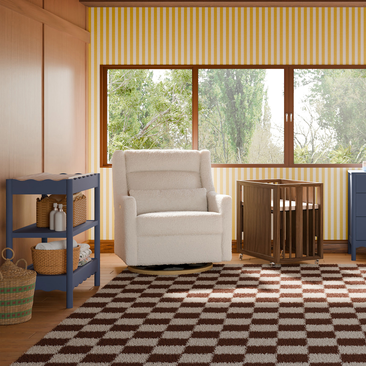 babyletto Kiwi Plus Chair and a Half Power Recliner and Swivel Glider - Almond Teddy Loop With Light Wood Base.