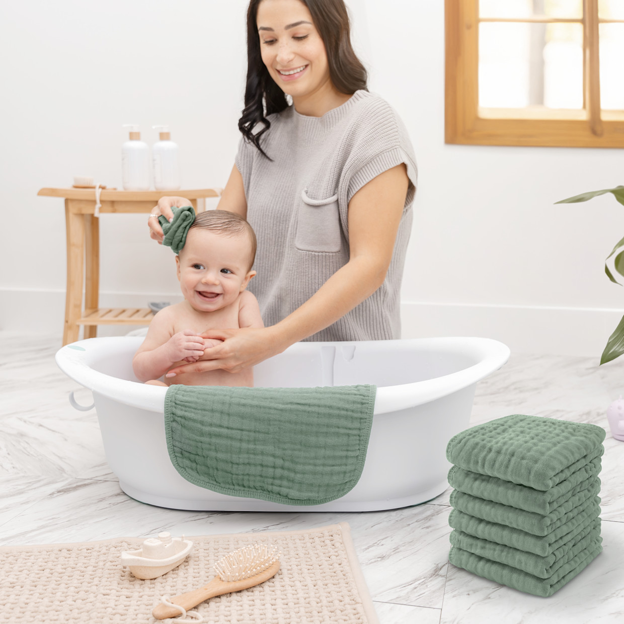Comfy Cubs 6-Layer Muslin Baby Washcloths Set - Fern, 10.