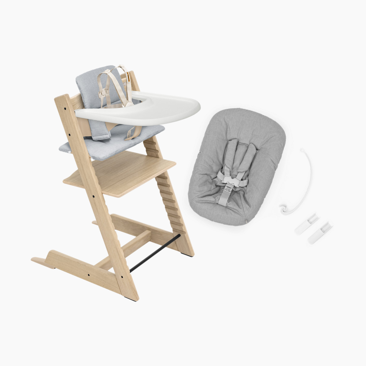 Stokke Tripp Trapp High Chair Complete² + Newborn Set - Oak Natural/Nordic Blue Cushion/White Tray.