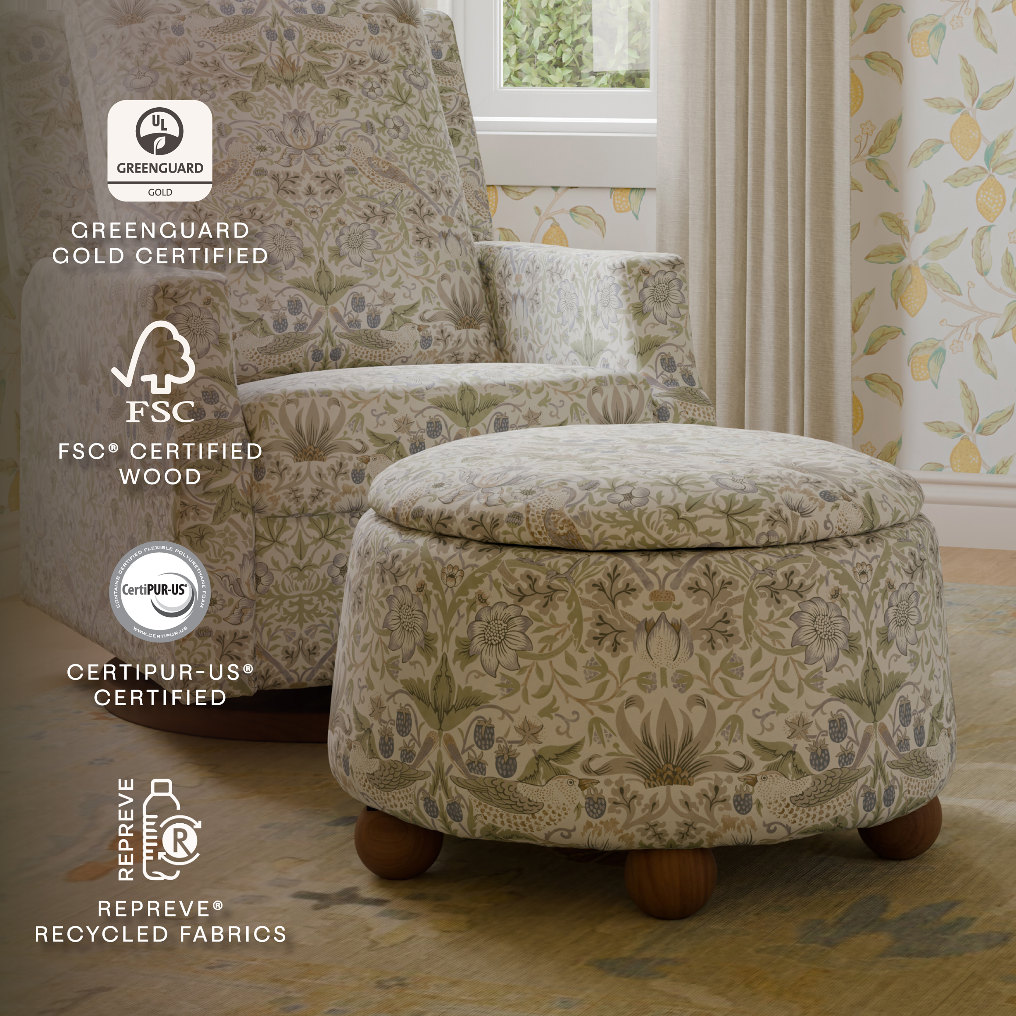 Namesake Morris & Co. x Namesake Tuffet Storage Ottoman - Strawberry Thief In Fig & Thyme Performance Eco-Weave.